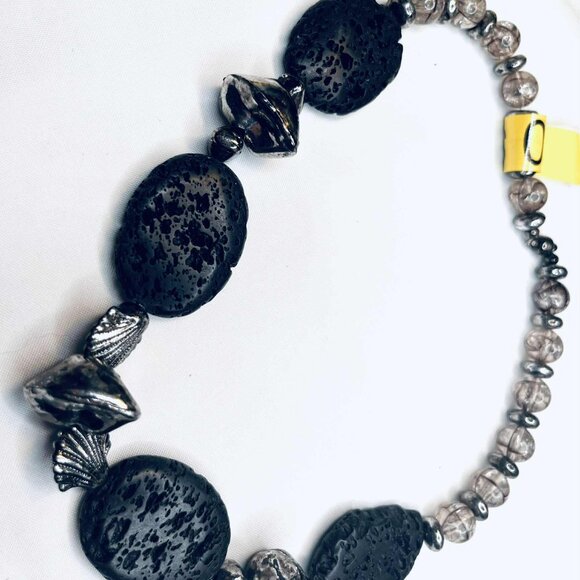 Vintage Lava Rock Necklace 1980s, Large Volcanic Stones, Glass & Metal Beads, 50 - Picture 2 of 7